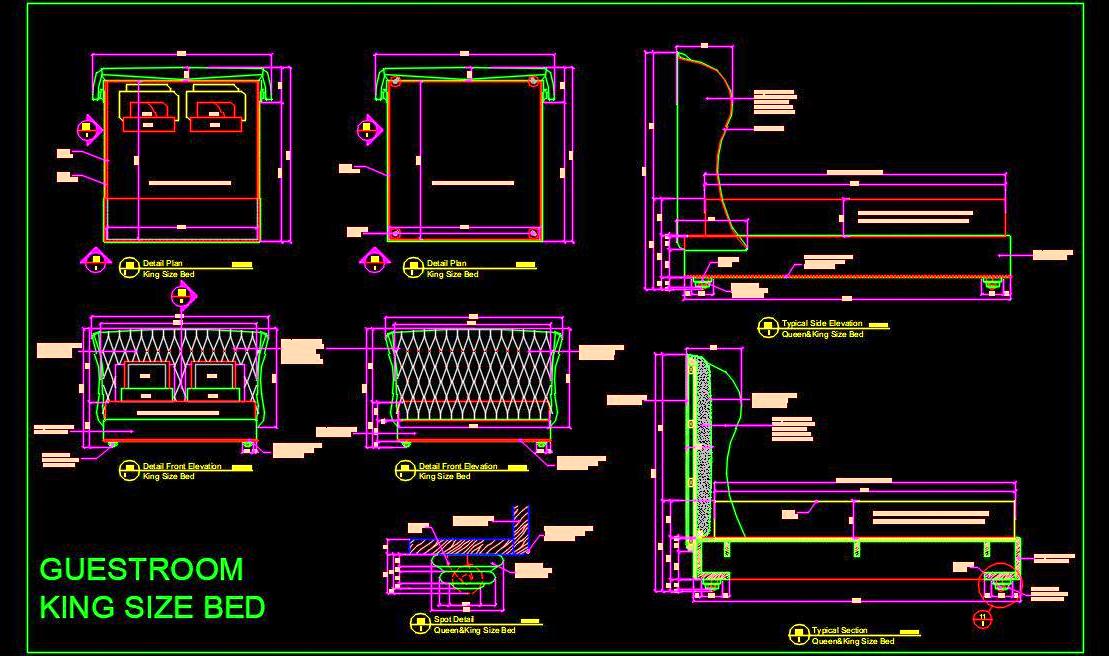 King Size Hotel Bed CAD Design with Tufted Wingback Headboard